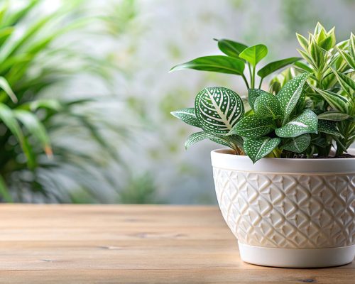 Potted indoor houseplant in a white decorated pot on a backgroun