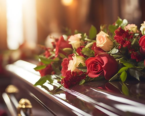 Rose flowers on a coffin at funeral in church. Solemn coffin ado