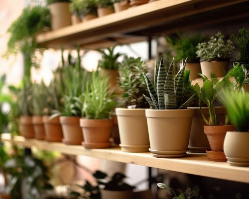 Shelf with many different houseplants in store